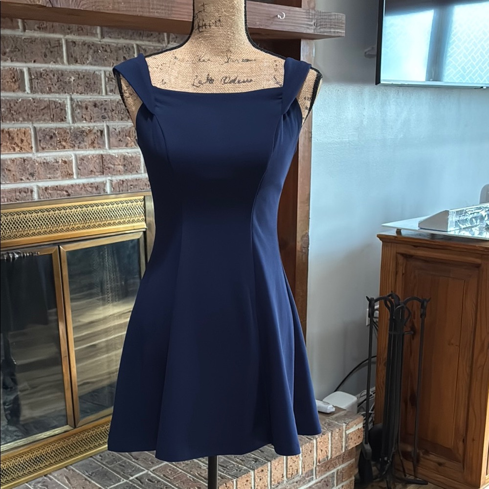 Blue Fit and Flare Mini Dress with Square Neck